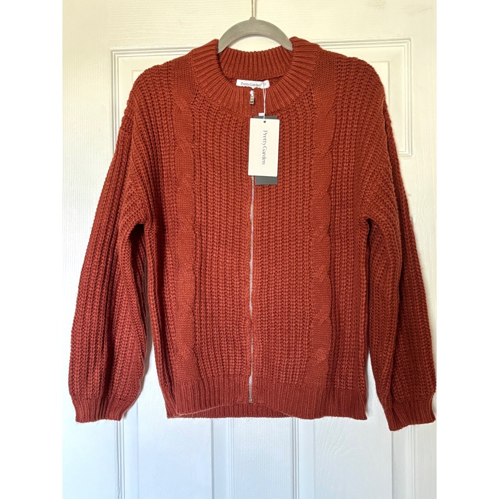 PrettyGarden Rust Orange Cable Knit Full Zip Cardigan Sweater Size M NWT
